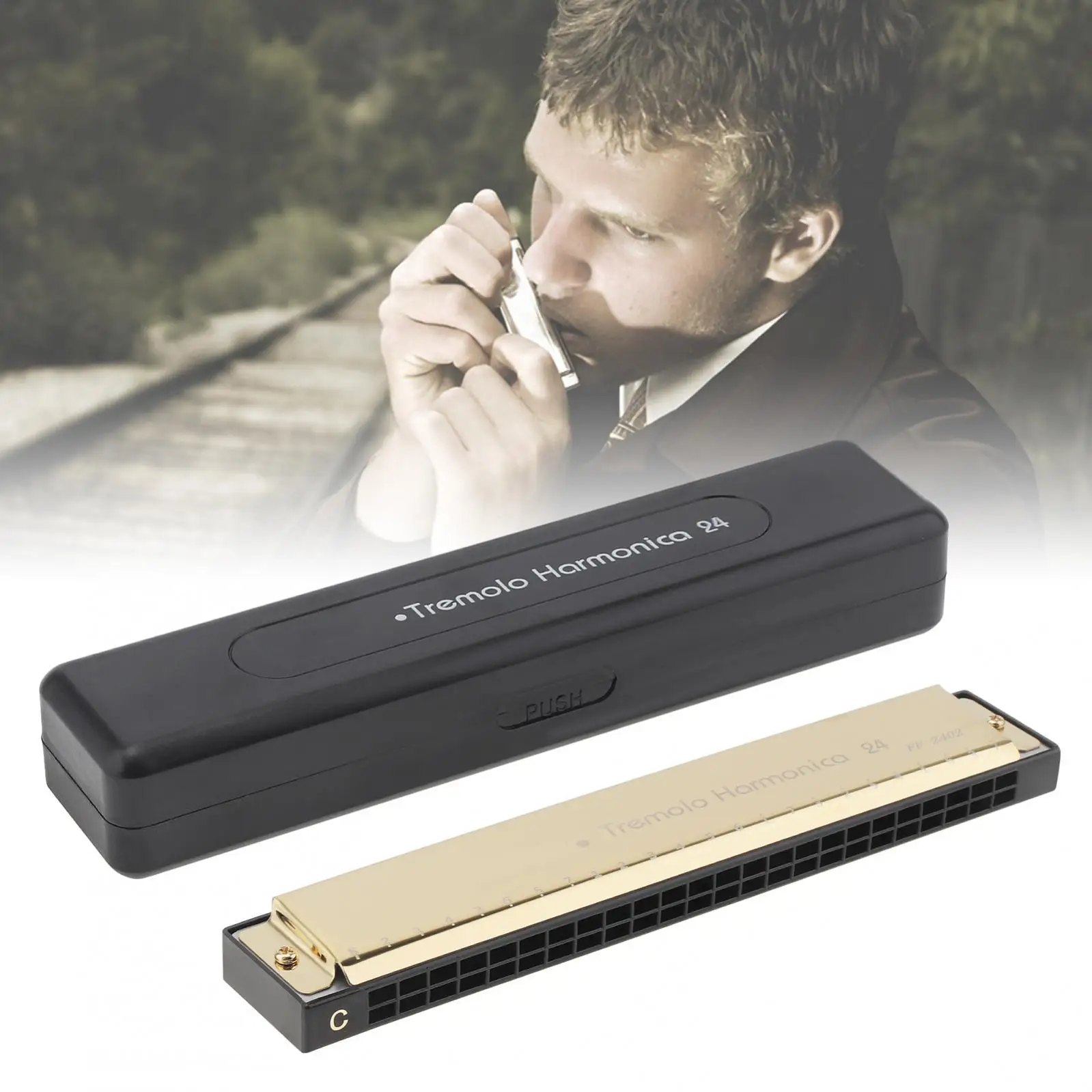 24 отверстия KeyC Gold Tremolo Harmonica 8K титановая арфа-органай с футляром для переноски