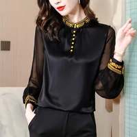 vintage embroideredsatin shirt for women summer long sleeve o neck blouse lady elegant office wear black shirt top