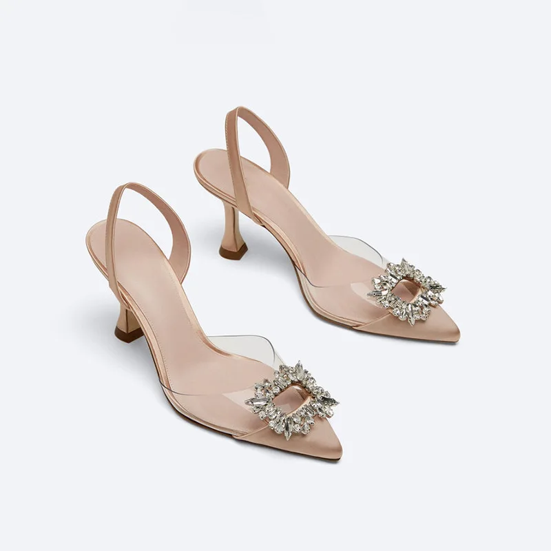 

2023 New High Heels Pointed Rhinestone Transparent Belt Slim Heel Size French Sandals for Women