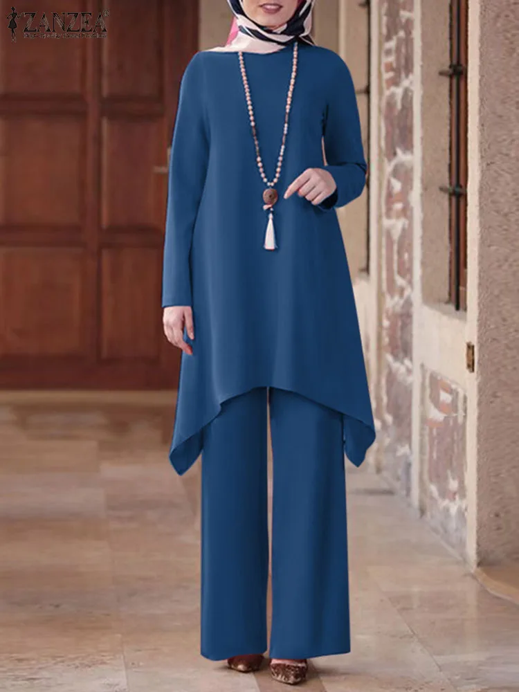 

ZANZEA Women Muslim Sets Asymmetrical Abaya Kaftan Causal Long Sleeve Blouse & Pant Sets Dubai Turkey Outfits IsIamic Clothing