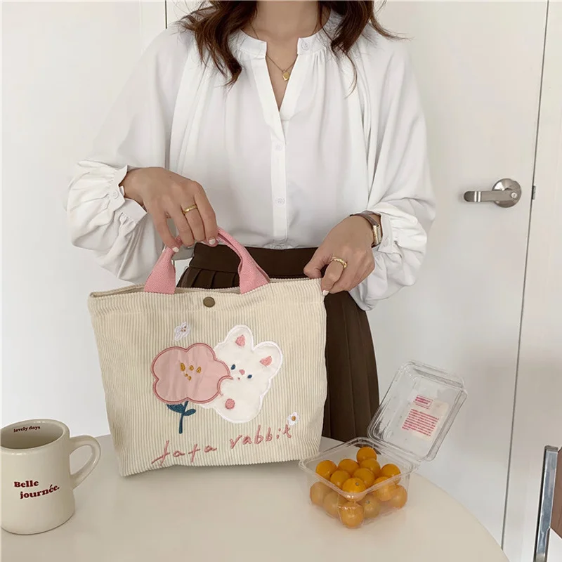 

Women Corduroy Tote Cute Embroidery Cartoon Bunny Small Canvas Handbag Thickened Cotton Cloth Lunch Box Girl Little Shopping Bag