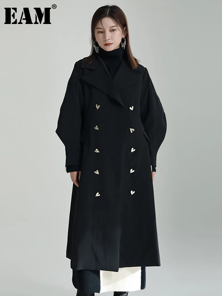 

[EAM] Loose Fit Black Big Size Long Woolen Coat Parkas New Long Puff Sleeve Women Fashion Tide Autumn Winter 2023 1DF2620