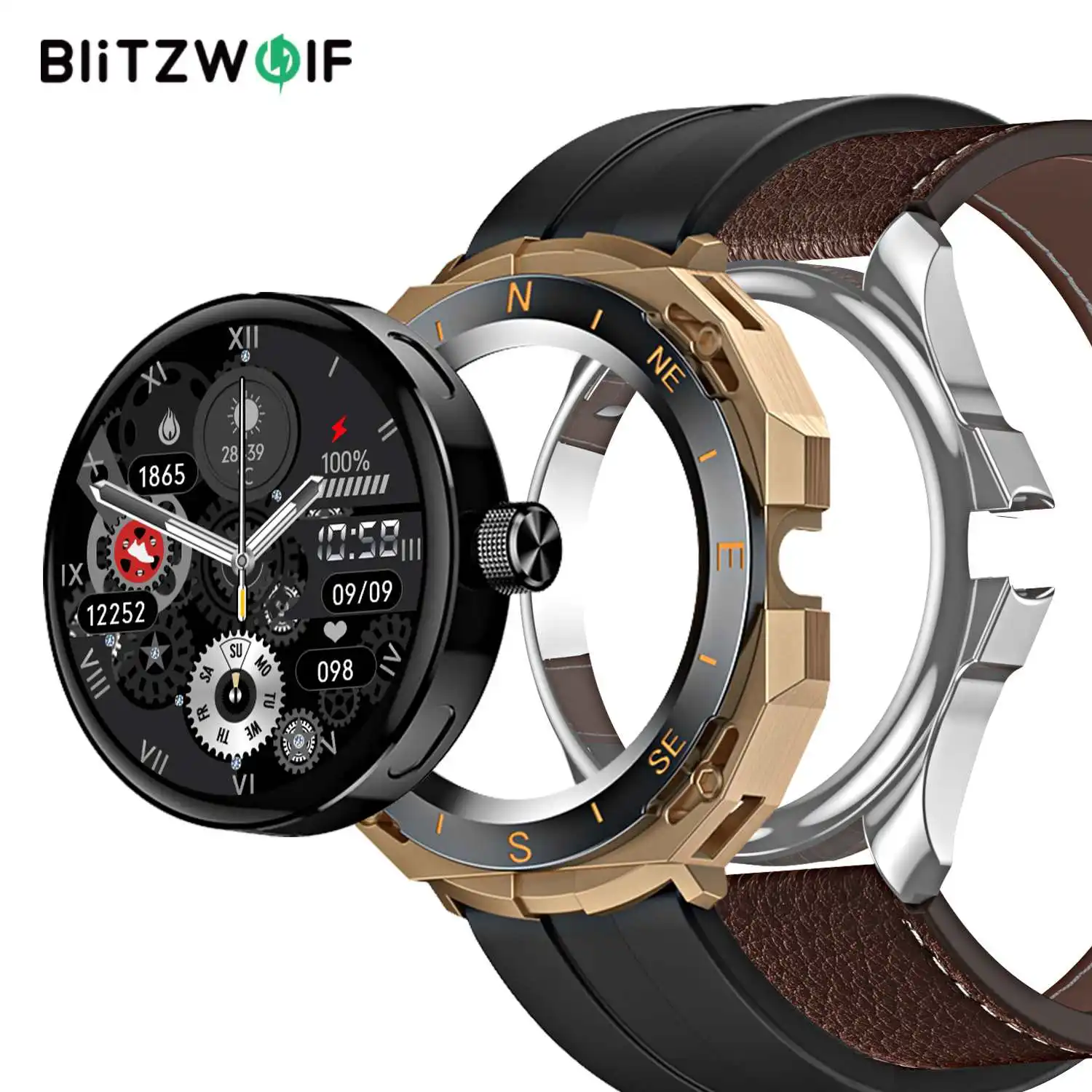 BlitzWolf BW-AT3 390*390px HD Screen Dual bluetooth Heart Rate Blood Pressure SpO2 Monitor Smart Watch with Shell Replacement