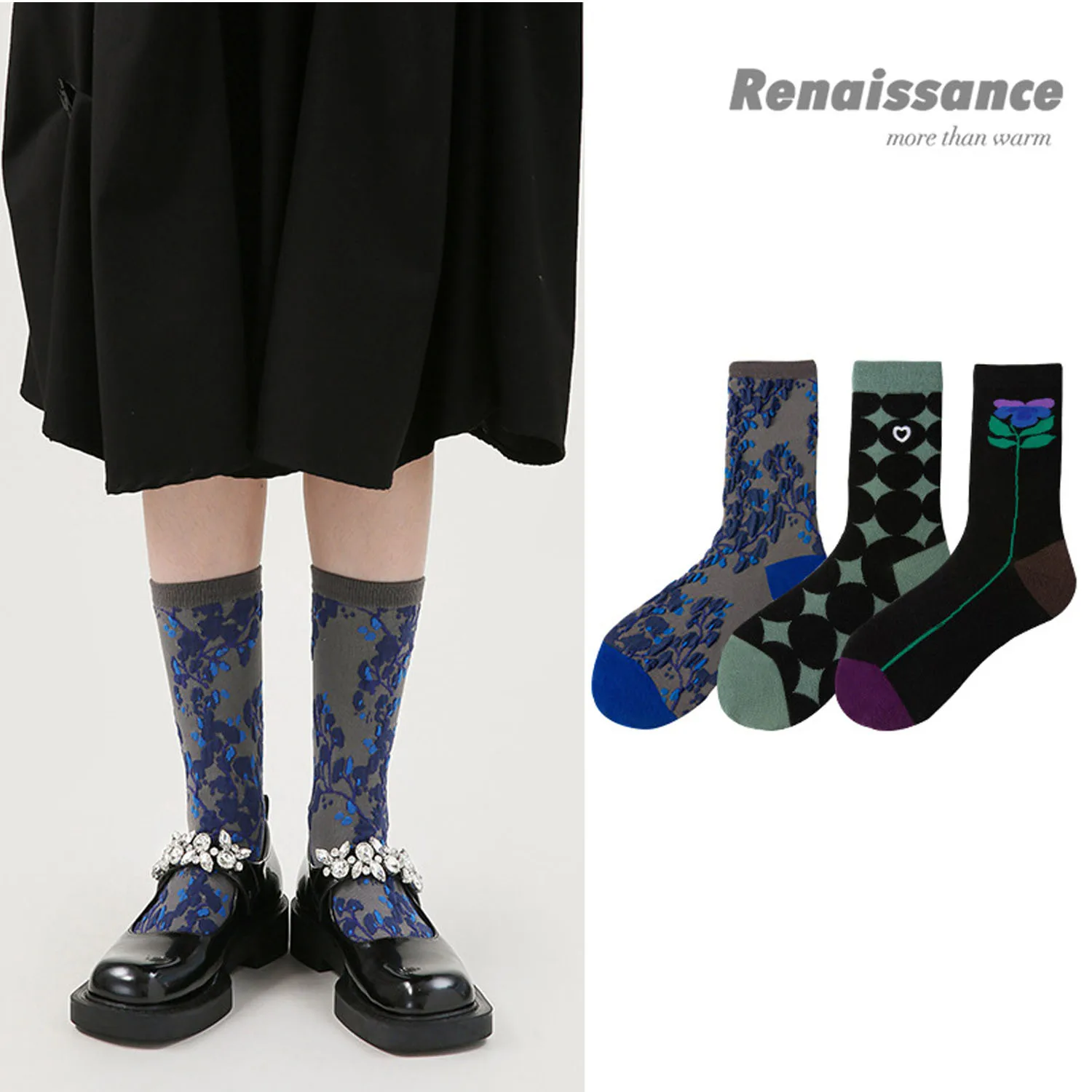 WYXCEN 3 Pairs/Set Renaissance Original Women's Socks Retro Embossed Flower Socks Ins Tide Brand Women's Boneless Cotton Socks