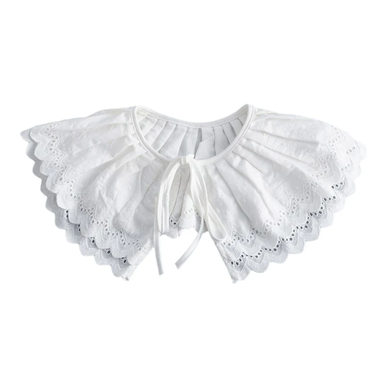 

Bowknot Pleated Faux Collar Women Layered Embroidery Shawl Capelet with Ribbon D5QB