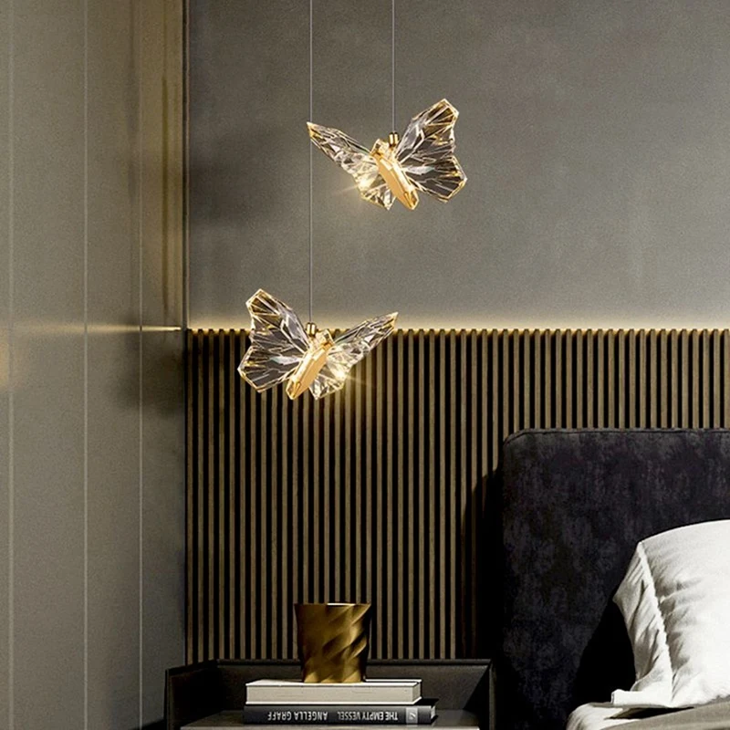 

Modern Single Head Bedroom Bedside Crystal LED Pendant Light Simple Butterfly Shape Indoor Decorative Pendant Lamp