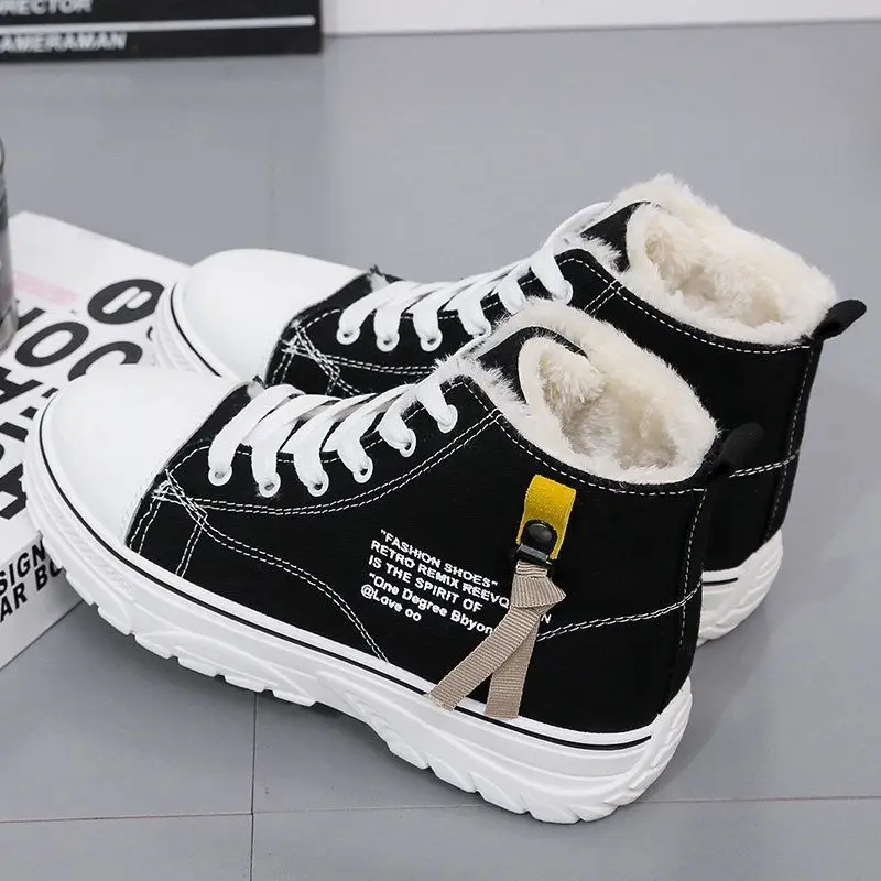 

Кеды женские с высоким берцем, повседневные холщовые ботильоны, плоская подошва, теплые, с бархатной подкладкой, хлопковая обувь для студен...