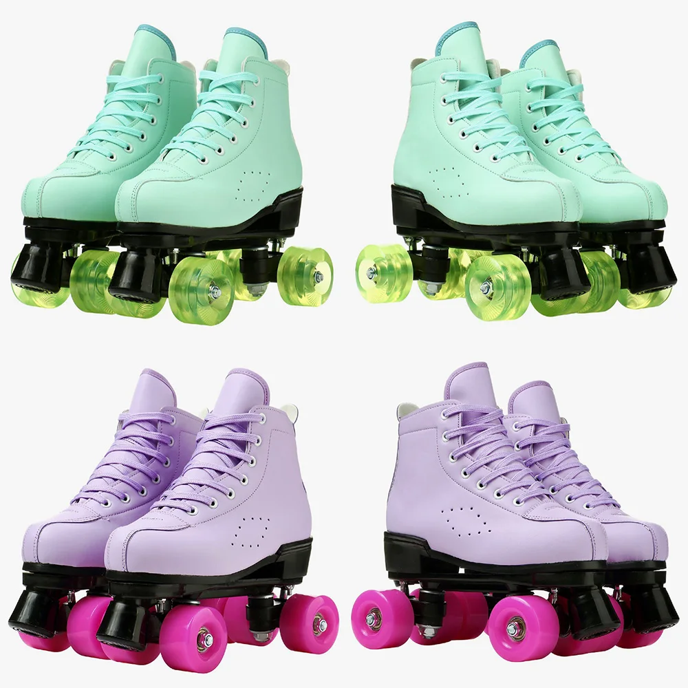 

Purple Quality Leather Roller Skates Double Line Skates PU Two Line Skate Shoes For Women Men Adult Green PU 4 Wheels Patines