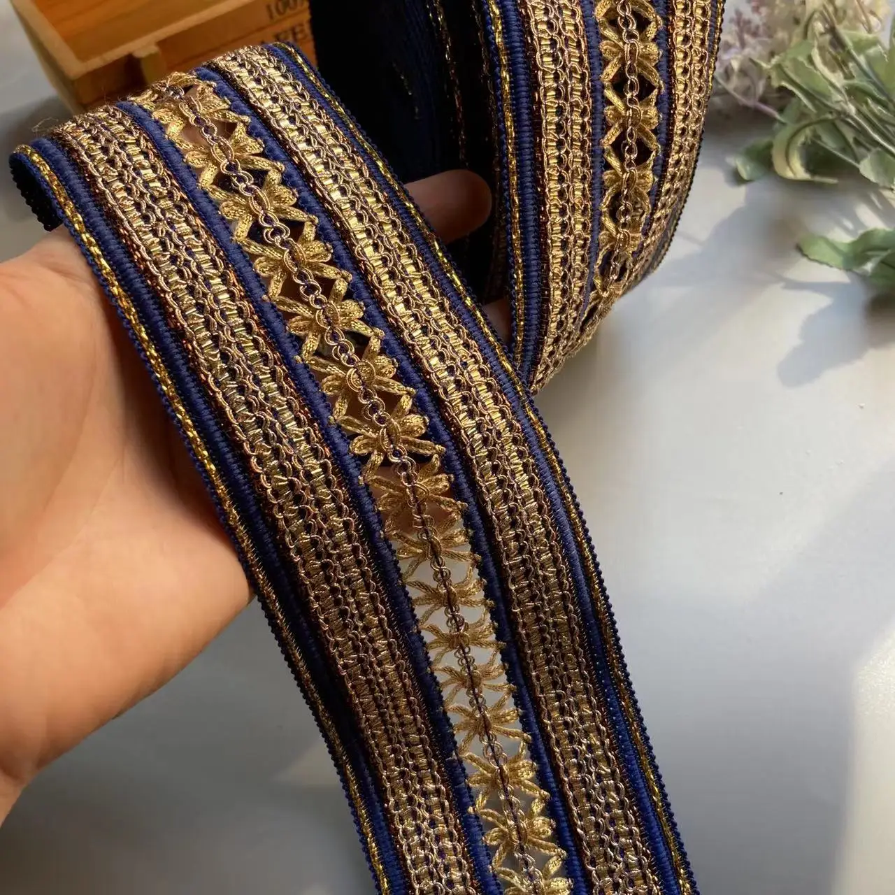 1 ярд синяя 7 см лента с рисовой кружевной отделкой этническая одежда золотая нить