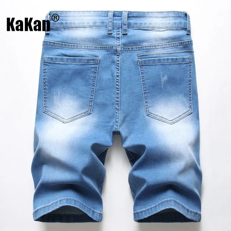 Kakan - European and American Men's Jeans In Holes, Blue New Elastic Patch Personalized Short Jeans Men's K02-386