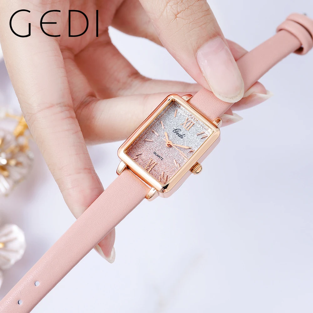GEDI Fashion Pink Women Quartz Watches Top Brand Luxury Leather Strap Bling Desert Dial 3Bar Waterproof Woman Wrist Watch Clock