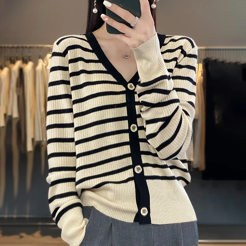 

Woolen V-Neck Knitted Cardigan Women's Spring and Autumn Long Sleeve Striped Jacket Korean Fashion Luxury Shirt 2023 Basic Coat