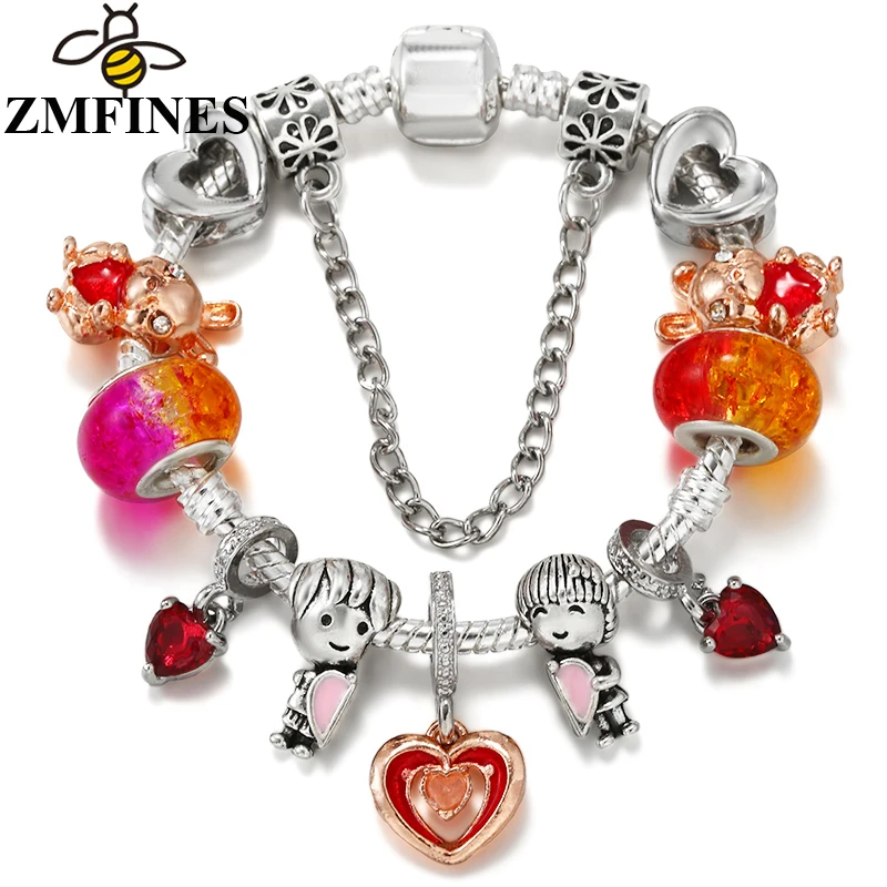 

Boys And Girls Charms Bracelets For Women Lover With Snake Chain Heart-Shaped DIY Charms Beads Pendants Jewelry Dropshipping