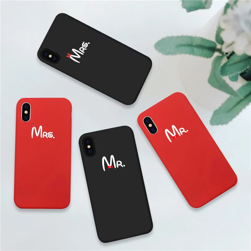 Cute Bow Mr Mrs Couple Case for IPhone 14 Pro Max 13 12 11 XR XS MAX SE 7 8 14Plus Simple Letter Soft Black Silicone Phone Cover