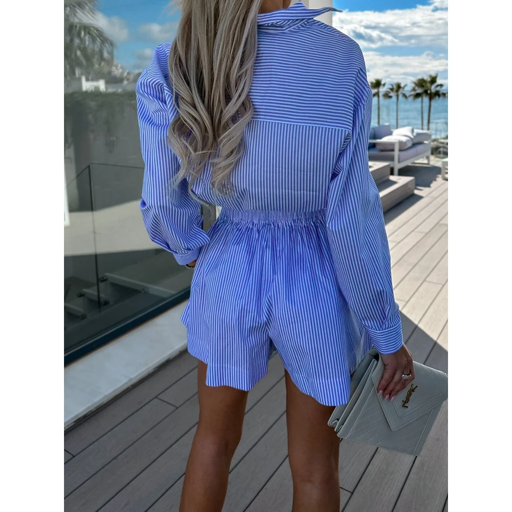 Women Casual Office Long Sleeve Sweet Blue Striped Blouse Shirt & Frill Bow Shorts Set Summer Pocket Vacation Workwear Suit Set