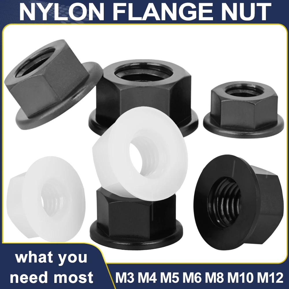 

DIN6923 Черно-белое плоское дно PA66 Шестигранная пластиковая нейлоновая электрическая изоляция Шестиугольная фланцевая гайка с шестигранной головкой M3M4M5M6M8M10M12
