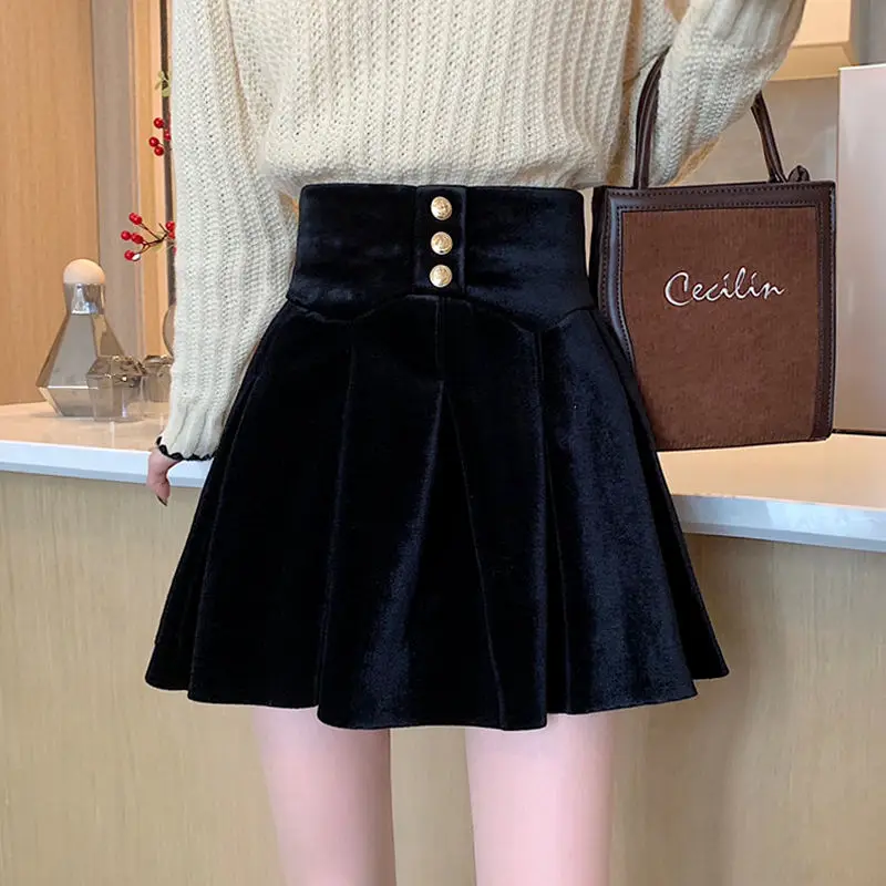 

Skirt Women's High Waist Pleated Skirt Y2k Autumn Winter Casual A-Line Gold Velvet Black Short Skirt Girls Mini Skirts Q42