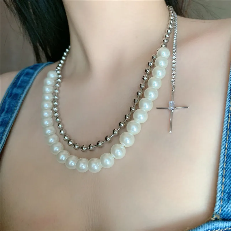 

2022 Big Simulated Pearl Cross Pendant Tassel Statement Choker Necklace