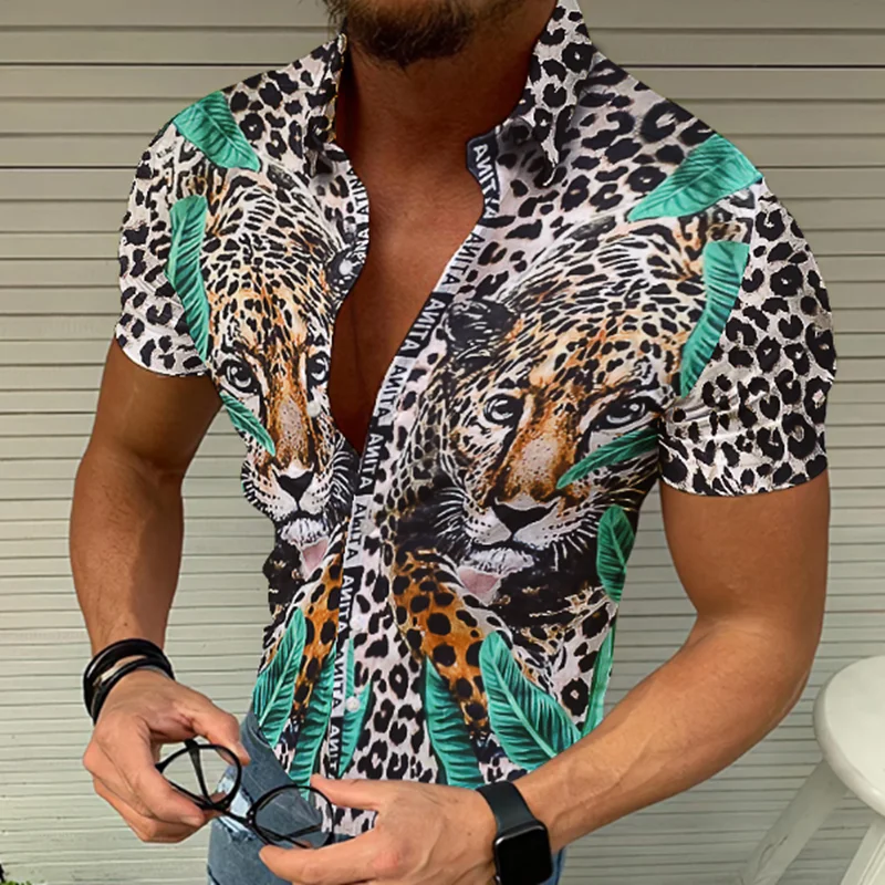 

2022 High Street Style Summer Man Shirt Mens Leopard Print Stand Collar Short Sleeve Loose Hawaiian Casual Fashion Shirt S-3XL