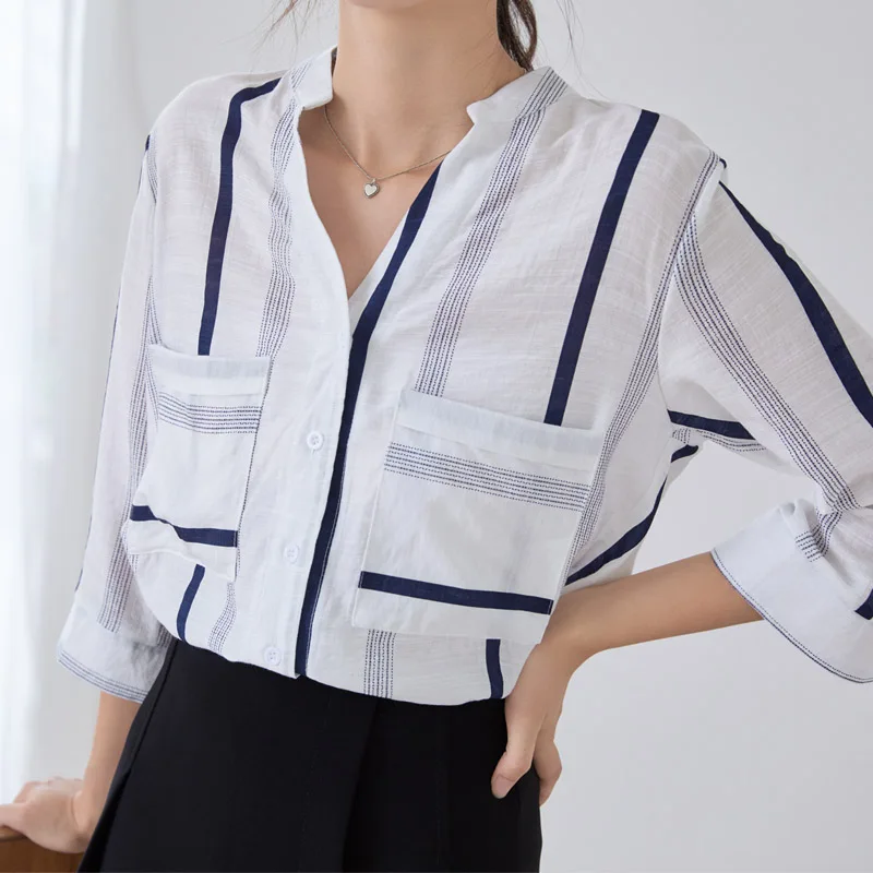 

2022 White Striped Summer Season Women Shirts Korean Fashion Casual V-Neck Three Quarter Sleeve Blouses Office Ladies Tops