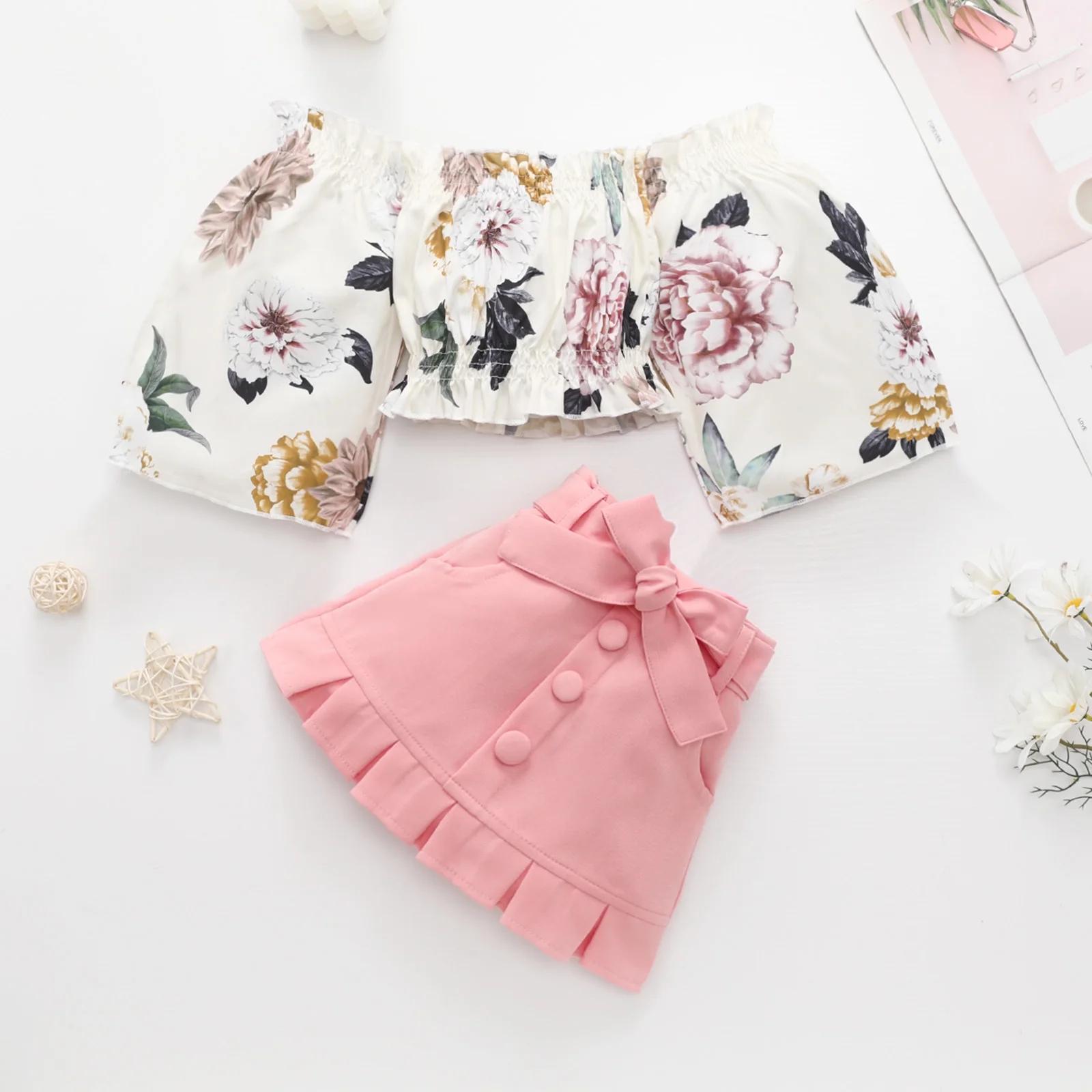

2 Pieces Kids Suit Set, Floral Print Boat Neck Long Sleeve Tops+ Solid Color Ruffle Skirt for Toddler Girls, 1-6 Years