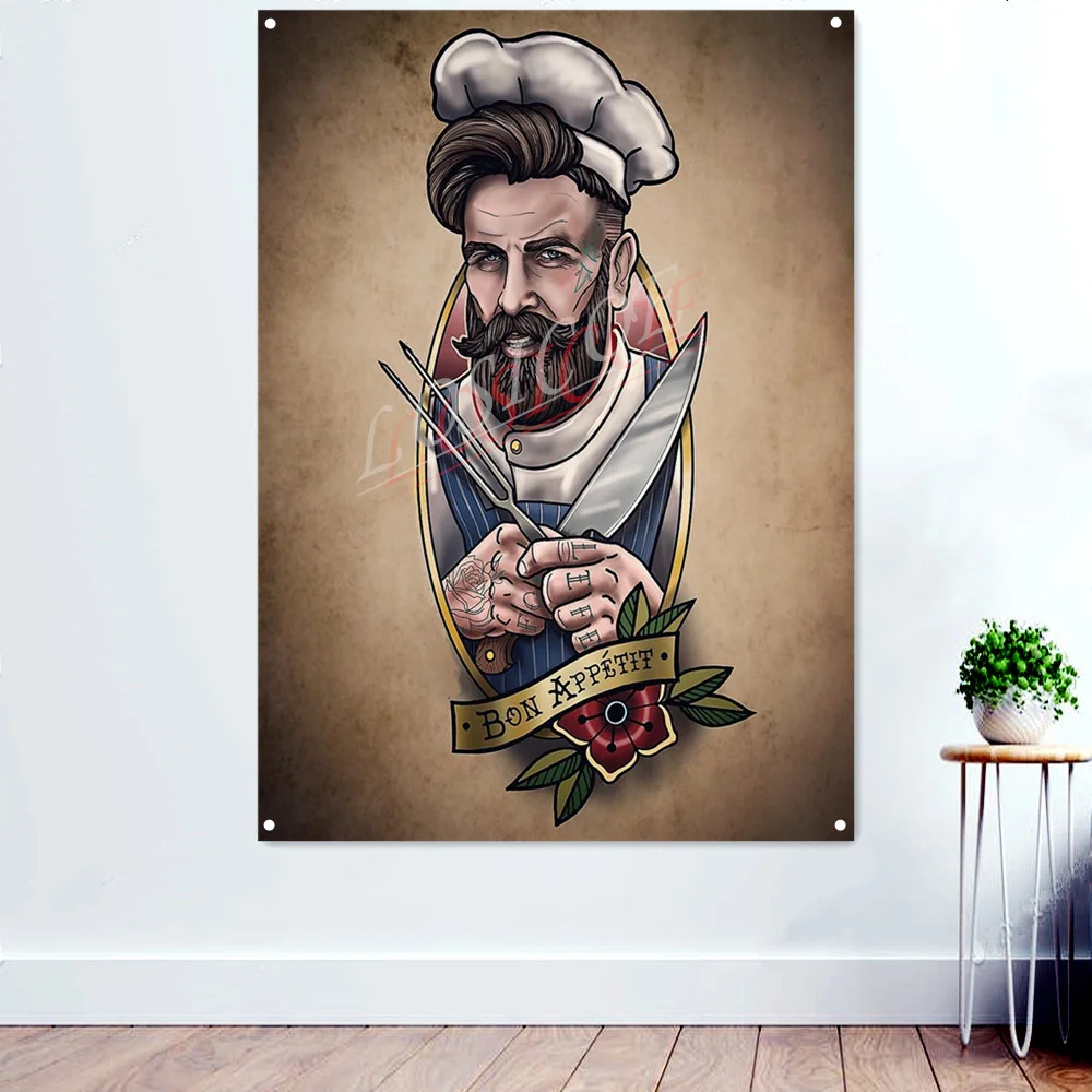 

Chef. Traditional Tattoo Art Banners Wall Hanging Flag Mural Vintage Posters and Prints Wall Decor Tapestry Canvas Painting