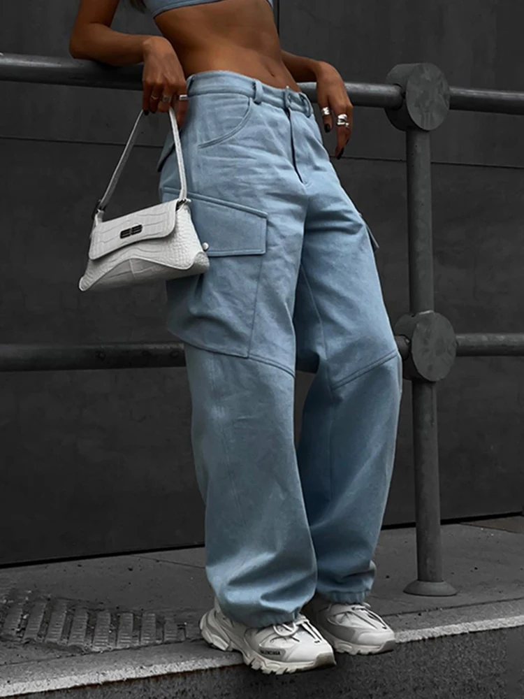 

Уличная одежда WeiYao, джинсовые брюки с низкой посадкой, синие спортивные брюки с большими карманами, повседневные женские брюки, винтажные джинсы для мам