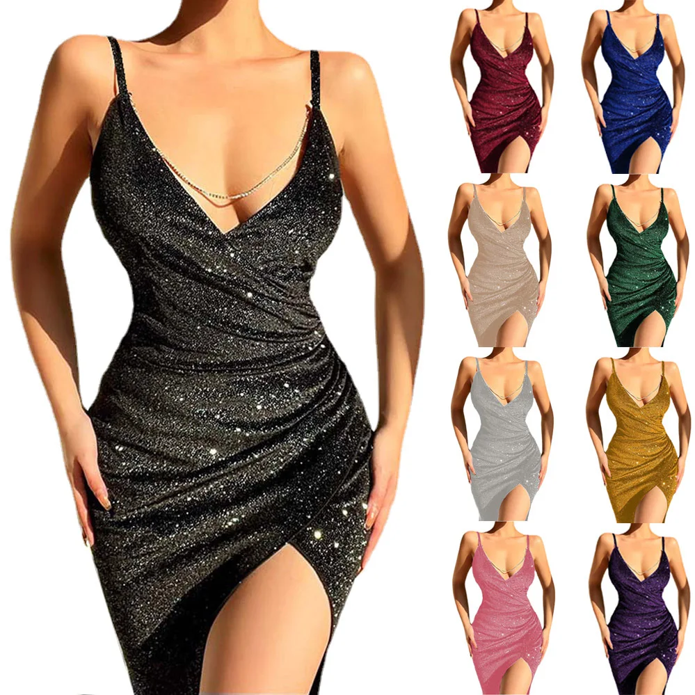 

2022 Spring and Summer New Sexy Glitter High Slit Deep V Sling Women's Dress