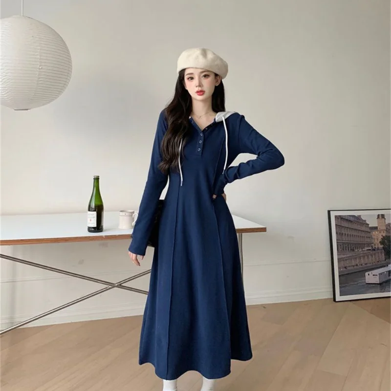 

Women's Clothes Spring Autumn Summer New Fashion Contrast Color Panel Long Sleeve Hooded Blue Hooded Sweater Casual Dress