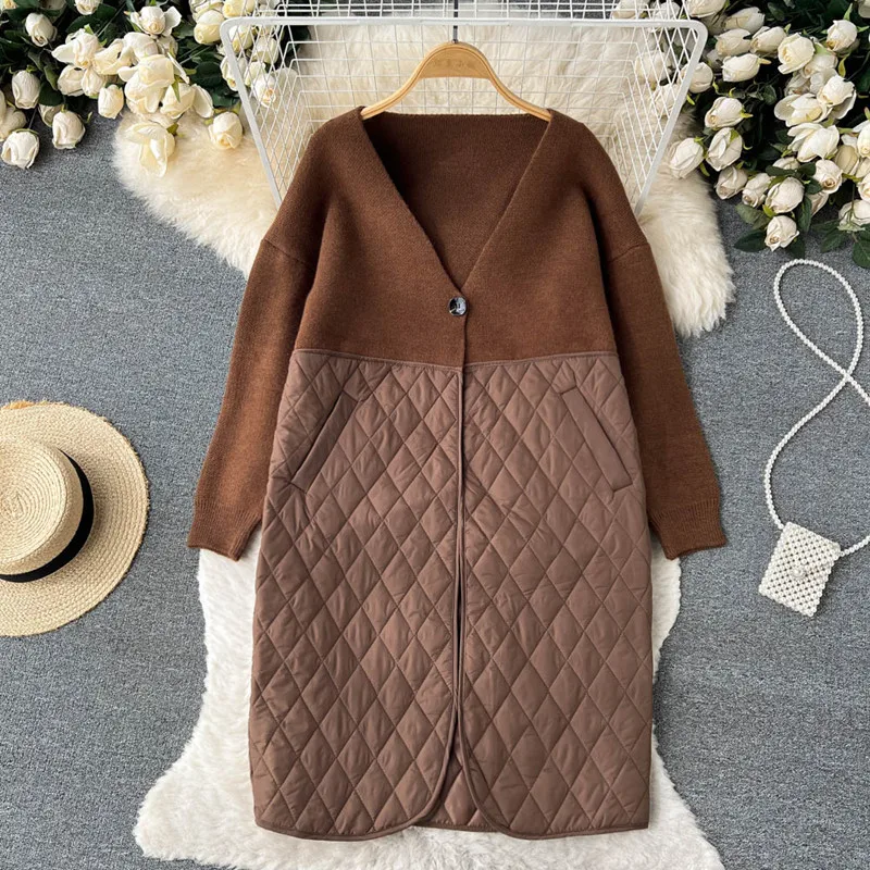 Winter vintage design medium long V-neck knitted Splice cotton-padded clothes coat  casacos de inverno feminino
