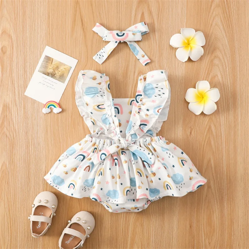 

0-24 Months Print Floral Clothing Baby Girls Summer Outfit Sets Ruffle Sleeve Rainbow Print Tutu Romper + Bowknot Headband