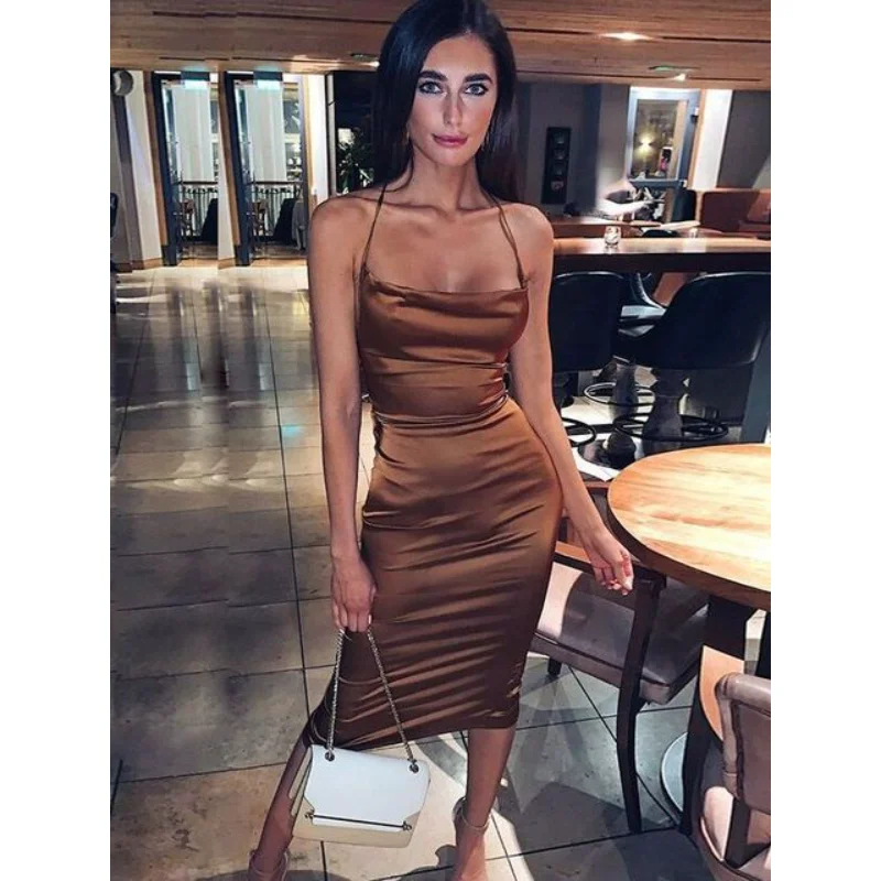 

2023 летнее неоновое атласное женское облегающее длинное платье миди на шнуровке без рукавов с открытой спиной Элегантные аксессуары сексуа...