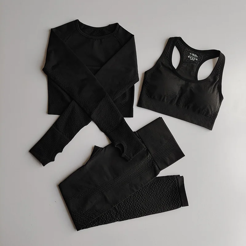 3 PCS Seamless Yoga Set Women Workout Sets Sportswear Long Sleeve Crop Top High Waist Leggings Gym Clothes Sports Suits Female