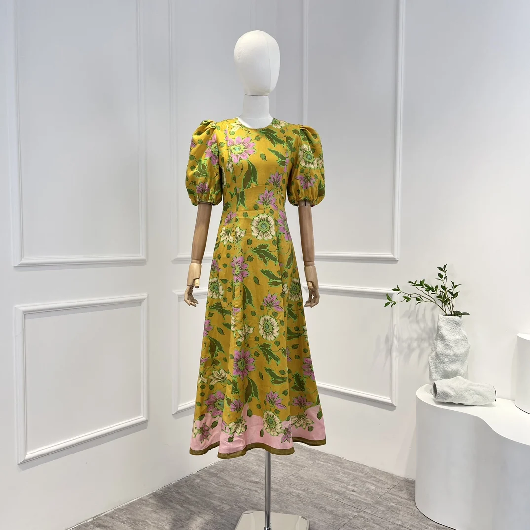 

Женское длинное платье-трапеция, желтое, розовое, зеленое платье с цветочным принтом листьев, весна 2023