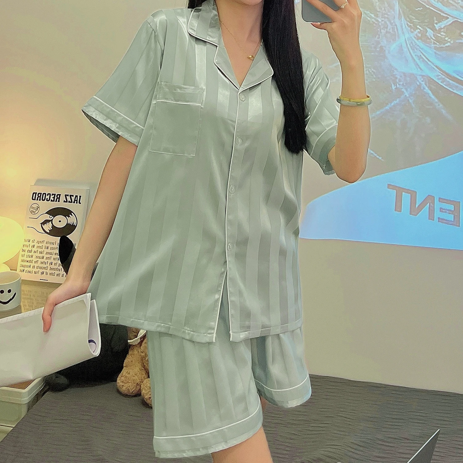 CAIYIER Summer Solid Color Stripe Couple Pajamas Set Cardigan Short Sleeve Shorts Sleepwear Casual Women Men Silk Soft Nightwear