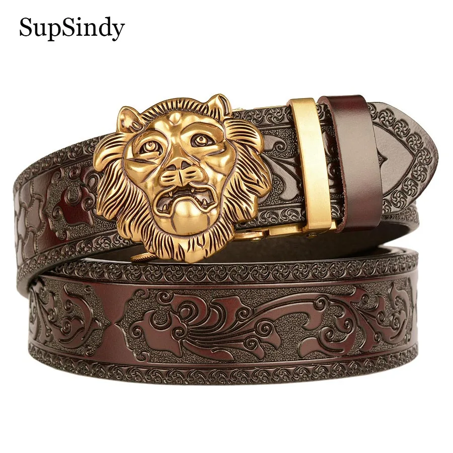 SupSindy Men Genuine Leather Belt Luxury Gold Lion Metal Automatic Buckle Cowhide Belts for Men Jeans Waistband Male Strap Black
