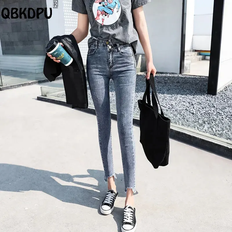 

Женские джинсы с высокой талией, модные джинсовые карандаши в Корейском стиле большого размера 5xl, облегающие джинсовые брюки до щиколотки