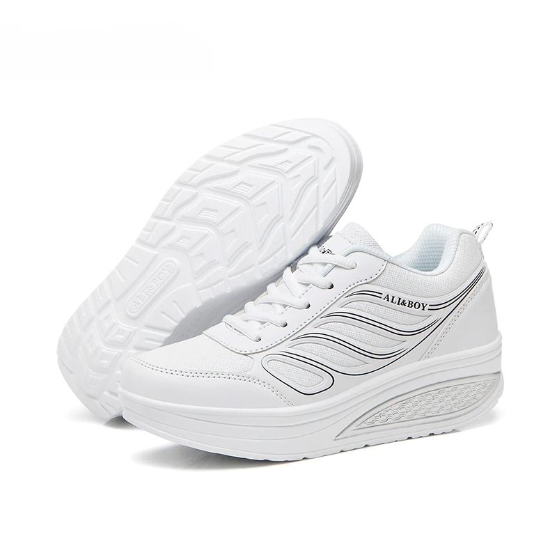 

White Platform Sports Shoes Woman Height Increasing 5CM Wedge Sneakers PU Leather Toning Shoes Soft Body Shaped Jumping Shoes