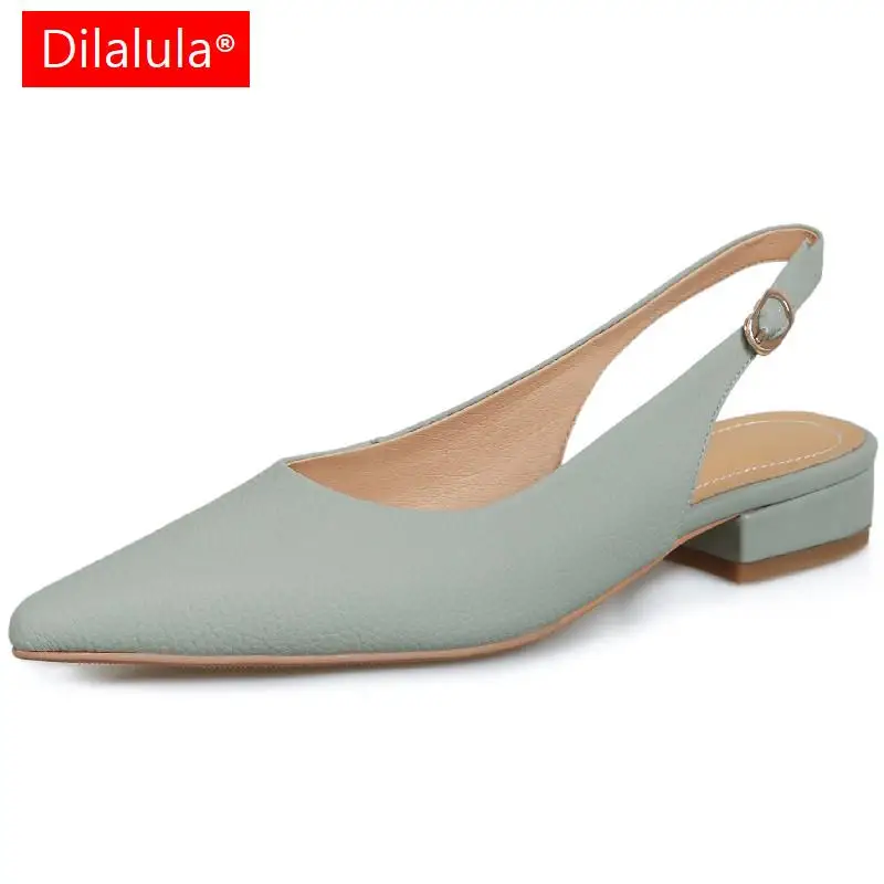 

Dilalula Concise Women Pumps Pointed Toe Low Heels Genuine Leather Slingbacks Shoes Woman Sandals Spring Summer Casual Office
