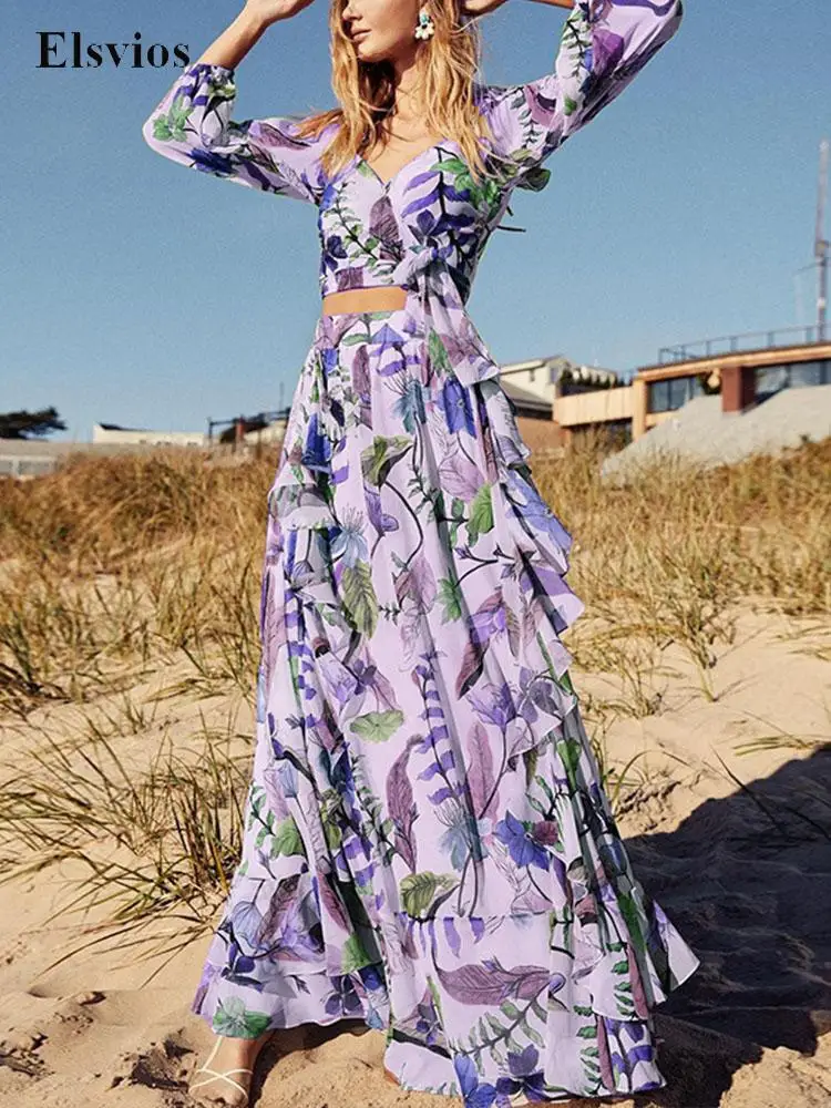 

Fashion Print Boho Suits Summer Casual Loose Beach Skirt Set Women Sexy Long Sleeve V Neck Tops And Ruffle Chiffon Skirt Outfits