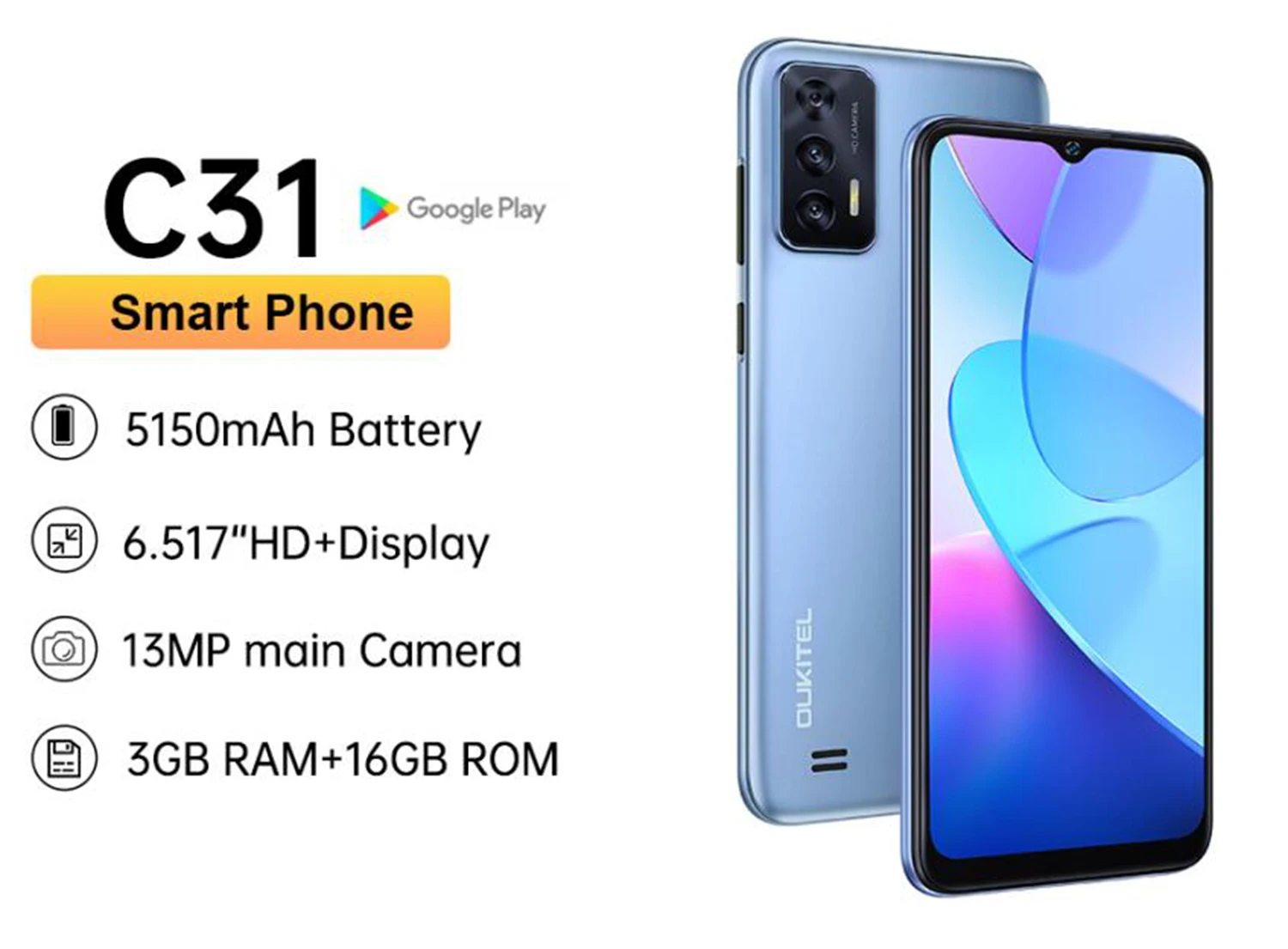 

Смартфон OUKITEL C31, 6,517 дюйма, 5150 мАч, 13 МП, Android 12