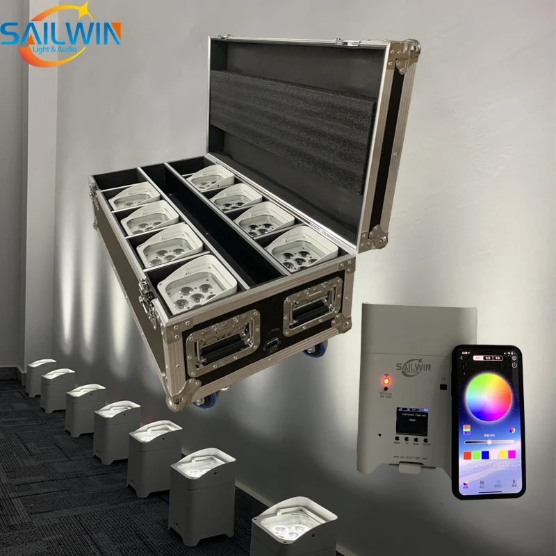 Светодиодный плоский PAR-светильник Sailwin Factory 6X18W 6in1 RGBAW UV с питанием от аккумулятора, управлением через приложение, для сцены и диджеев, с зарядным кейсом (art.: 3920db7dfc6de) - 3920db7dfc6de