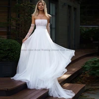 exquisite a line wedding dresses draped applique strapless boat neck tulle open back 2022 summer floor length gowns robe de ma