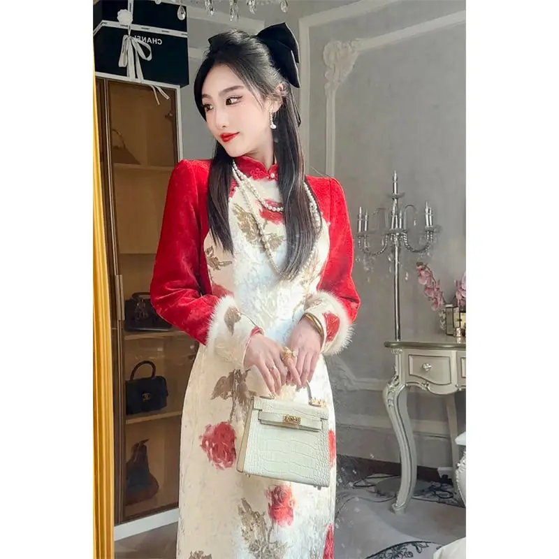 Стиль Тан Qipao женское цветное лоскутное платье на плечах для молодых девушек