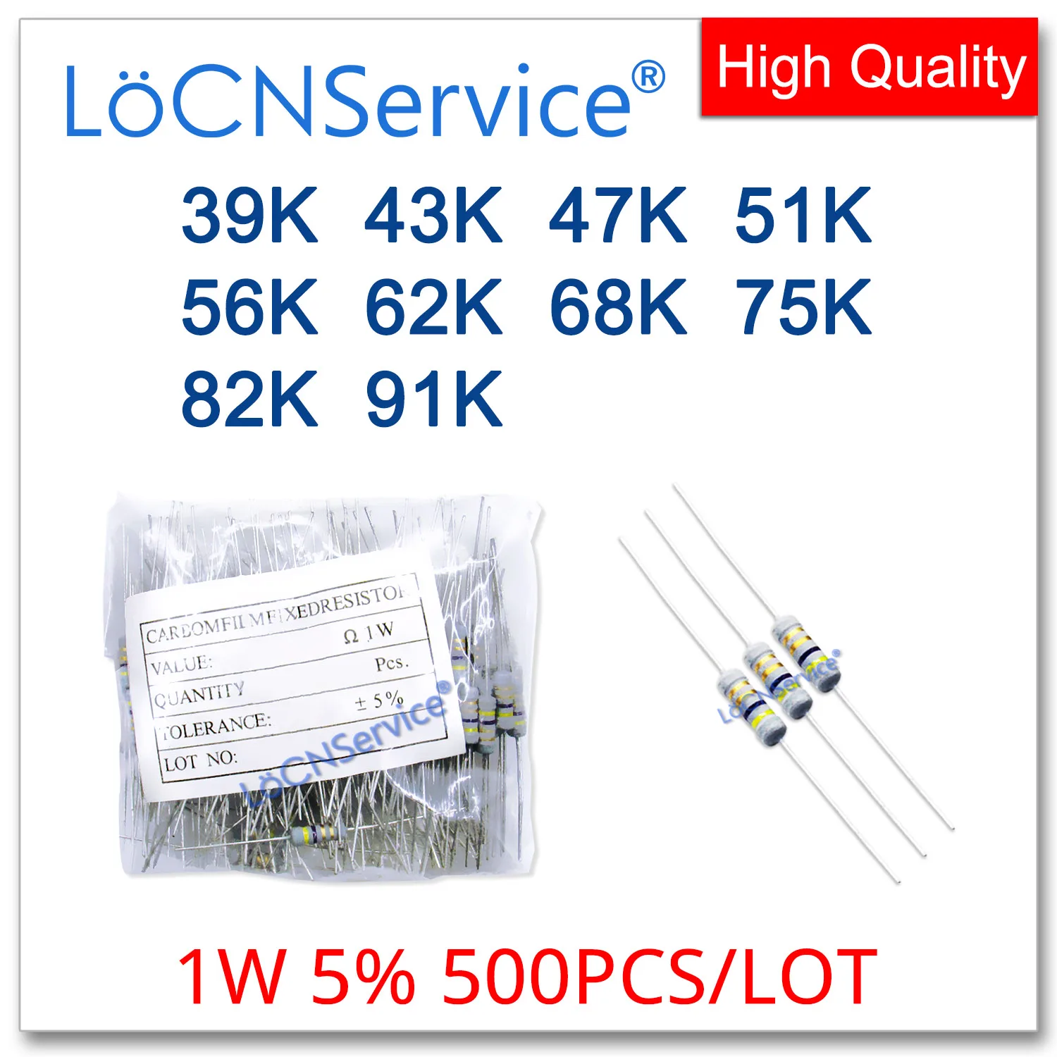 

LoCNService 500 шт./лот 5% 1W 39K 43K 47K 51K 56K 62K 68K 75K 82K 91K карбоновый пленочный резистор DIP OHM