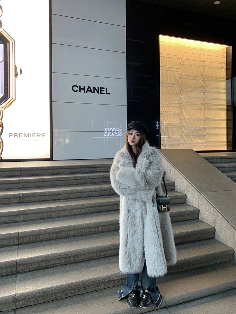 Корейская мода пальто из искусственного лисьего меха женский костюм с