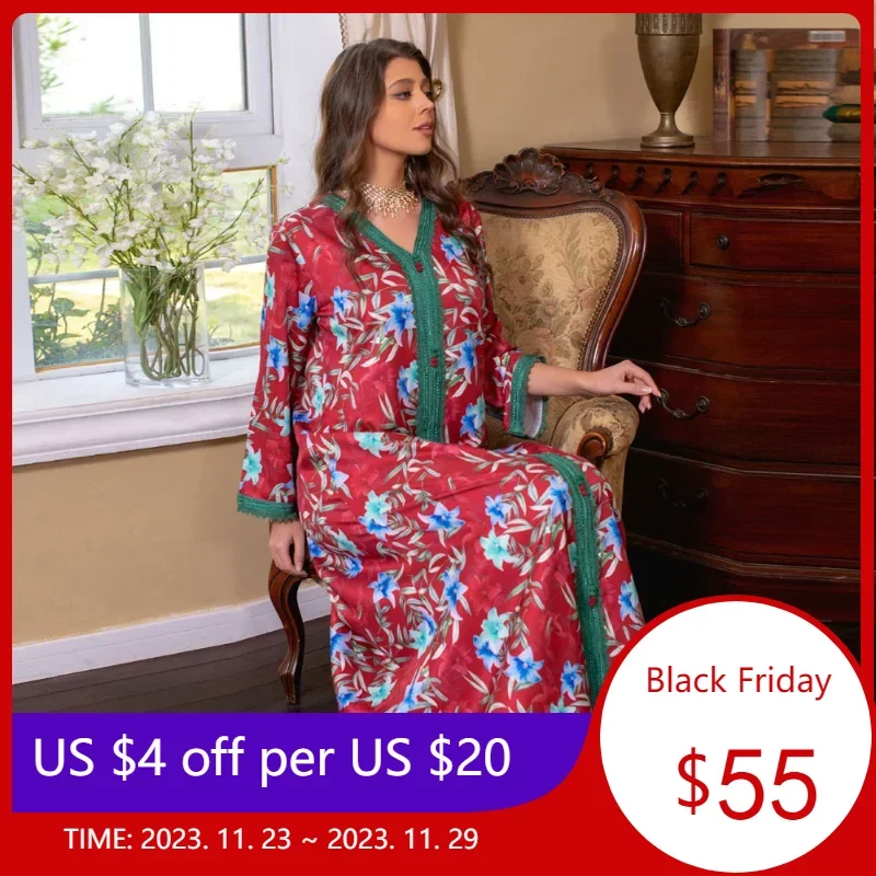 

Fashion High Quality Dress for Ladies Middle Eastern Muslim Women Moroccan Jalabiya Dubai Arab Print Maxi Dress Party Ramadan
