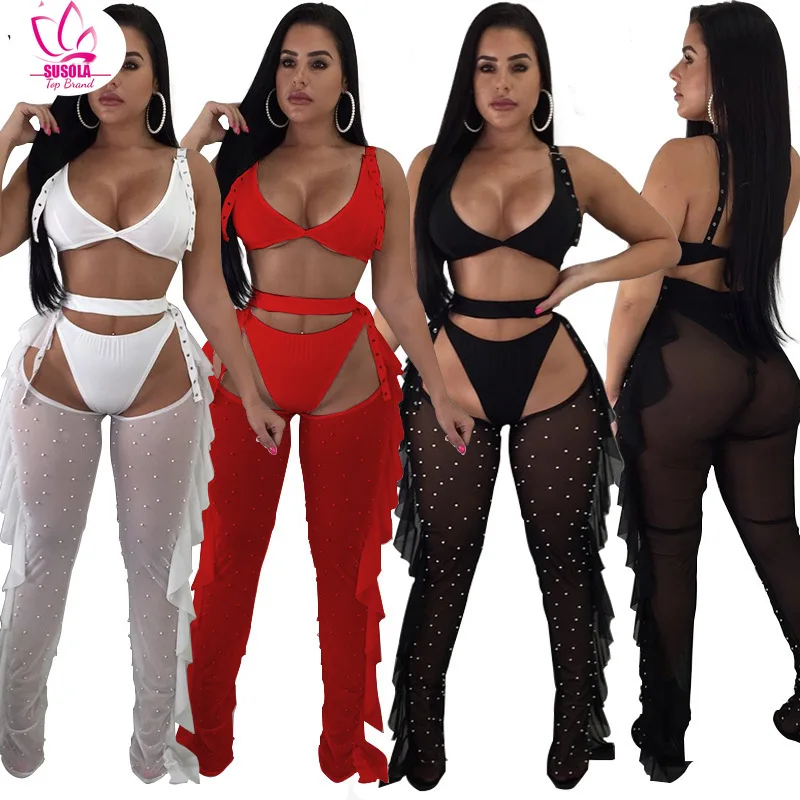 

SUSOLA Sexy 3 Piece Set Bra Top Thongs Pearls Ruffle Sheer Mesh Pants Night Club Outfits Trend Bikini Trousers Suit 3 Colors