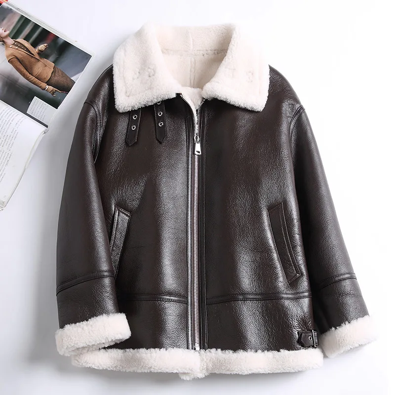 Winter Warm Women Leather Jackets Coats Shearing Fur Lining Solid Simple Sheepskin Leather Overcoat Pockets 2022 New MH3889L