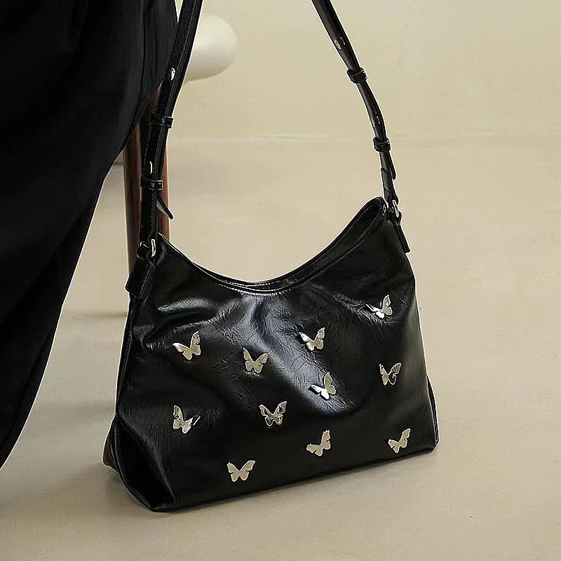 

Y2k Sweet Cool Girls Underarm Bag Fashion Design Butterfly Women's Shoulder Bag Soft Black Leather Armpit Bag Handbags Purse